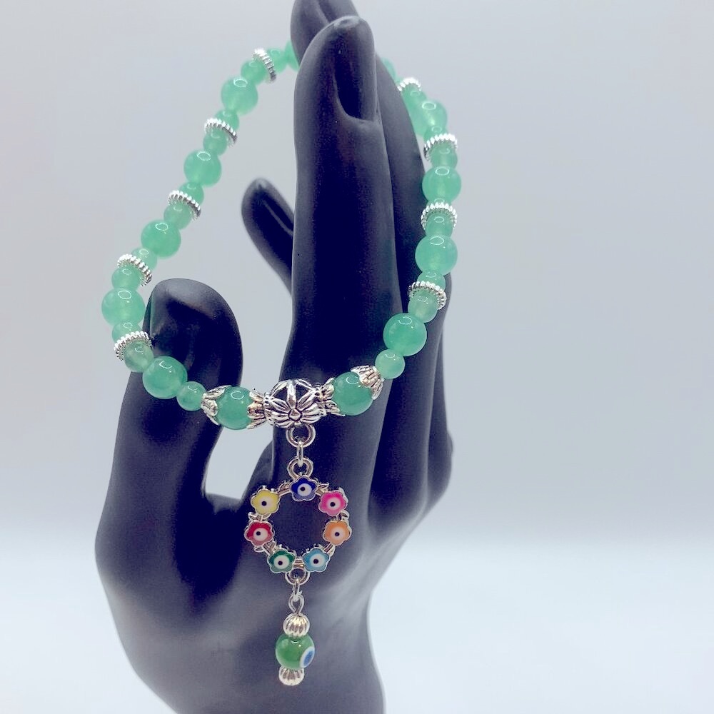 Evil Eye Wreath Charm, Green Aventurine & Pewter Bead Stretch Bracelet